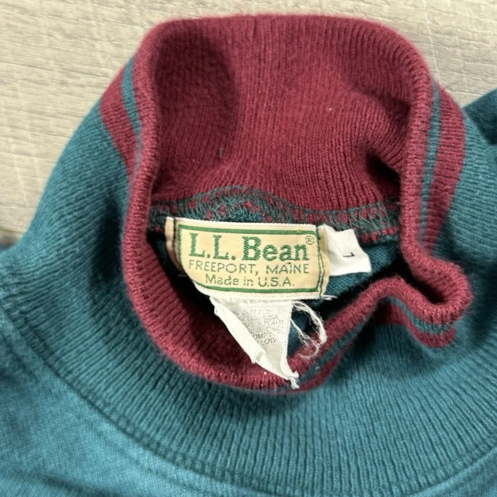 VNTG 80s LL Bean Large Green Blue‎ Knit Sweater  Pullover Mock Neck Made In USA